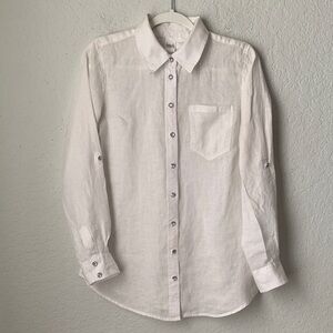 INC Beach White Casual Linen Glass Button-Down Long RollTab Sleeve Shirt Size 4